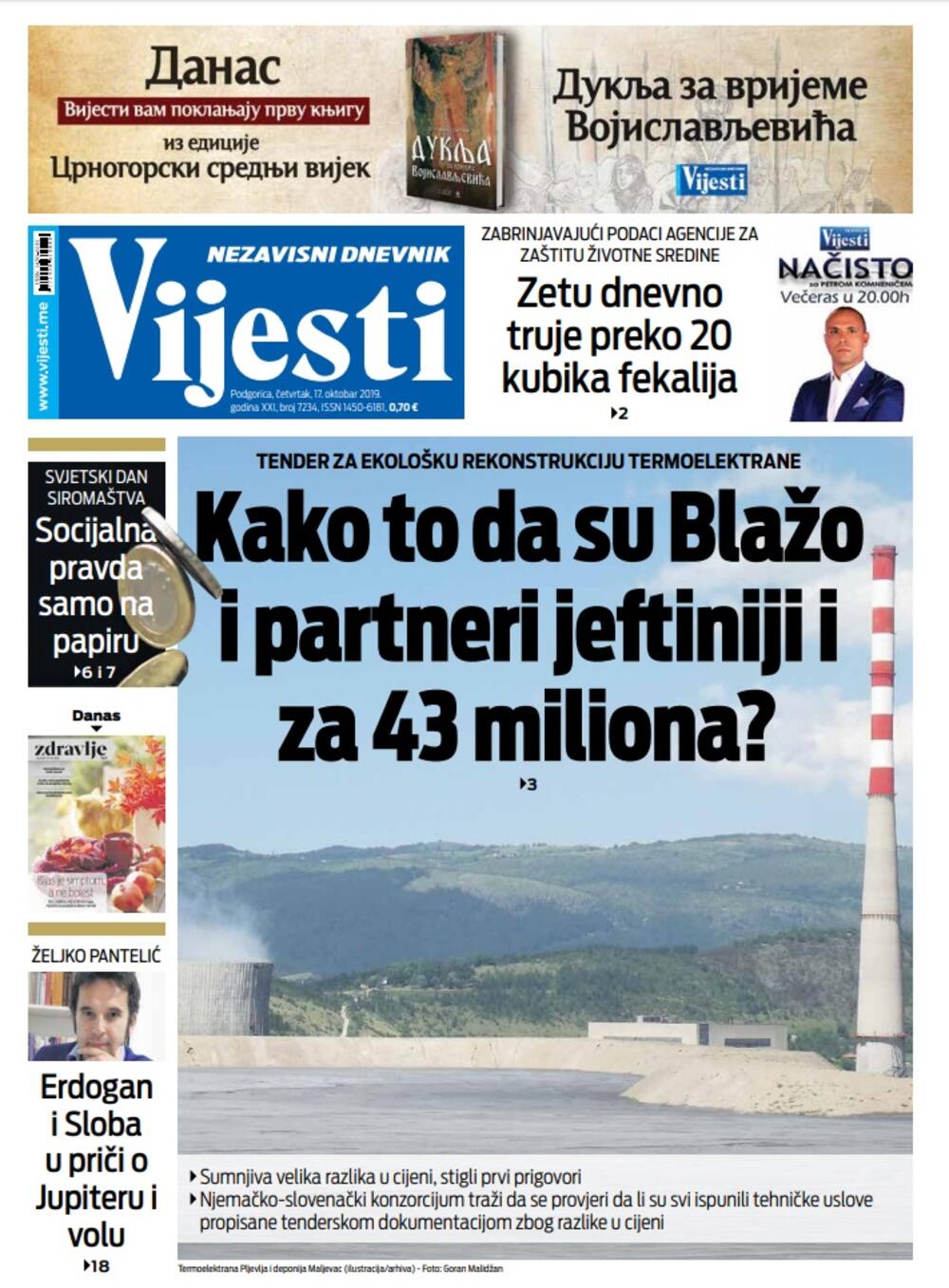 Naslovna strana "Vijesti" za 17. oktobar, Foto: Vijesti