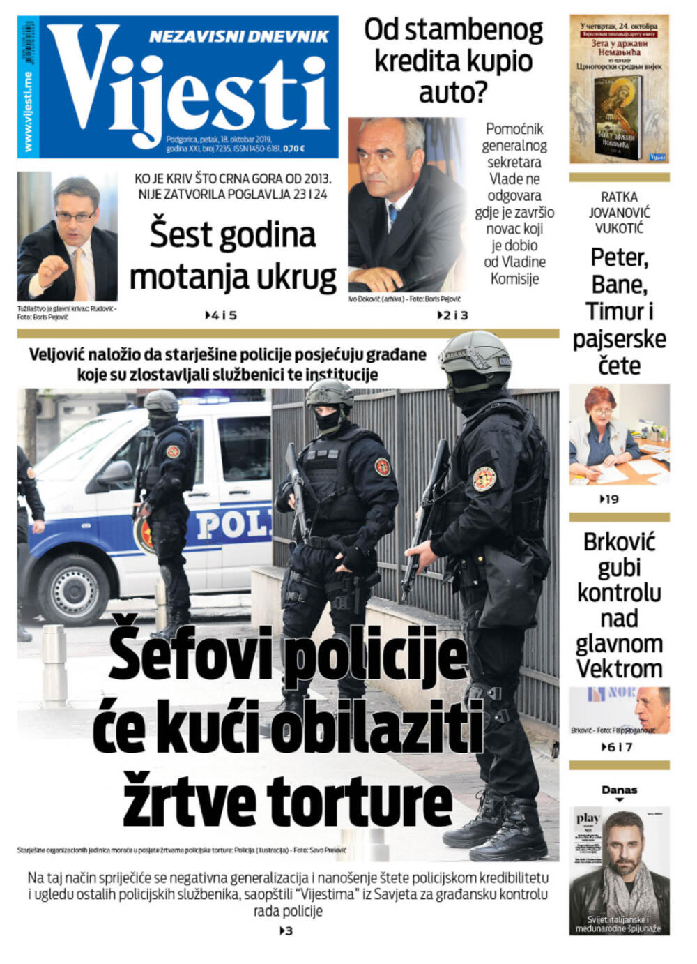 Naslovna strana "Vijesti" za 18. oktobar 2019.