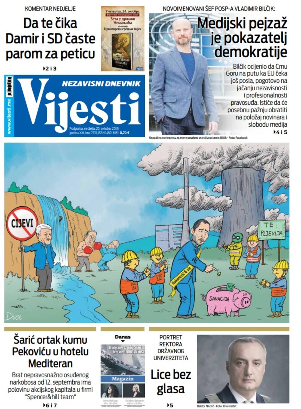Naslovna strana "Vijesti" za 20. oktobar 2019., Foto: Vijesti