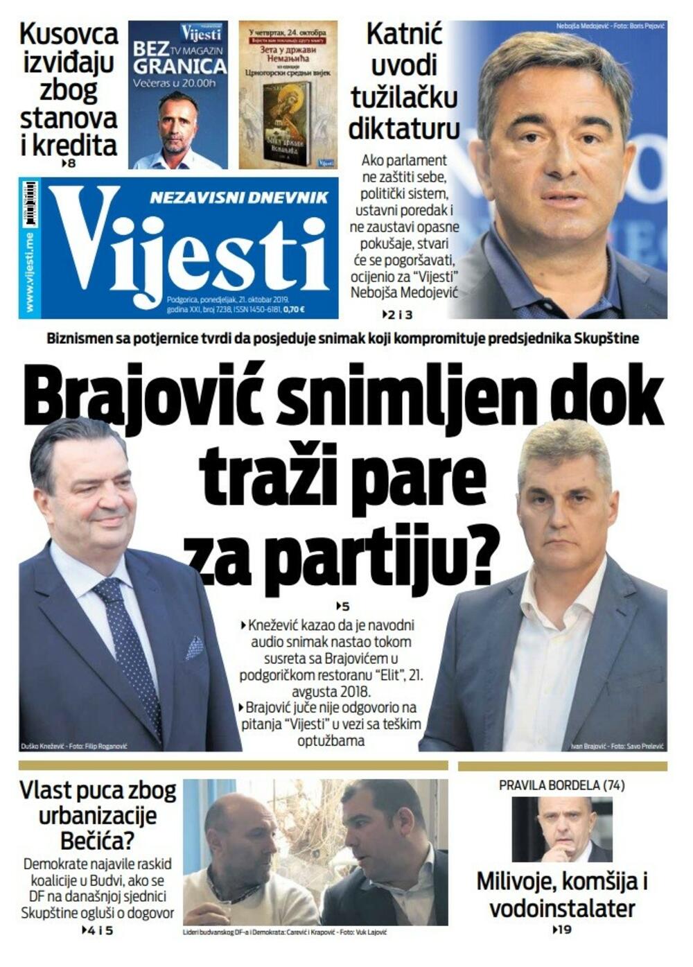 Naslovna strana "Vijesti" za 21. oktobar 2019.
