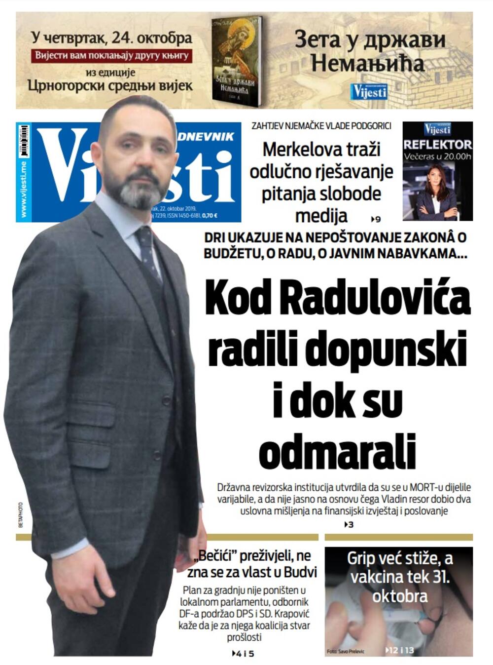 Naslovna strana "Vijesti" za 22. oktobar 2019., Foto: Vijesti