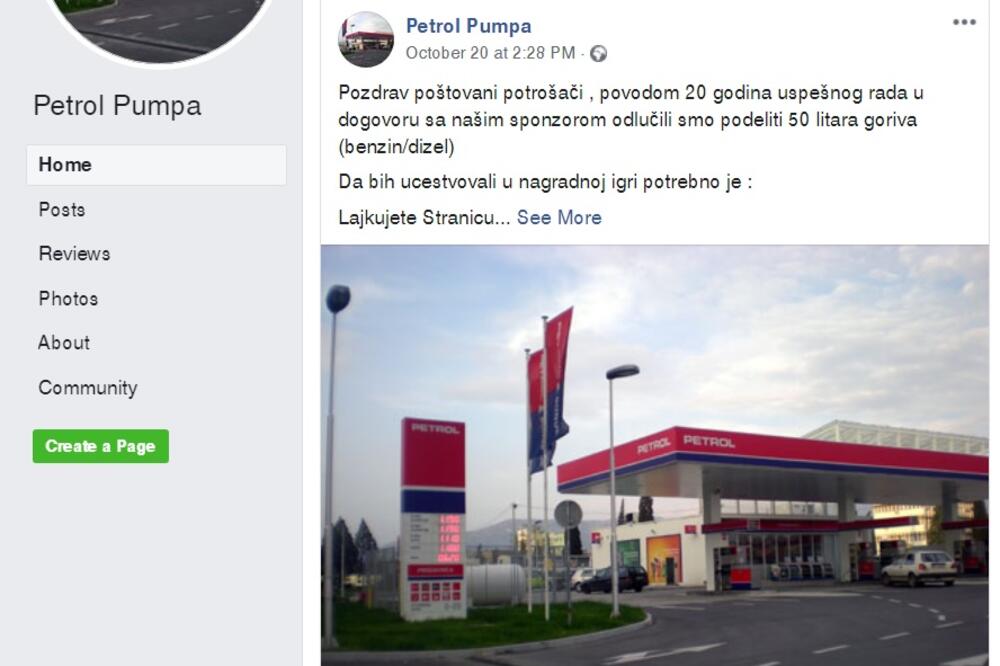 Lažni Facebook profil Petrol Pumpe, Foto: Facebook