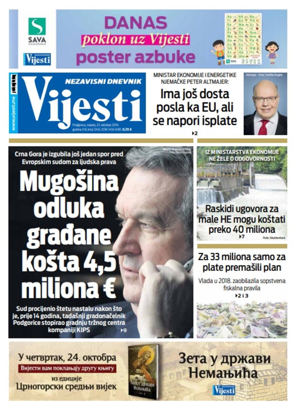 Naslovna strana "Vijesti" za 23. oktobar 2019., Foto: Vijesti