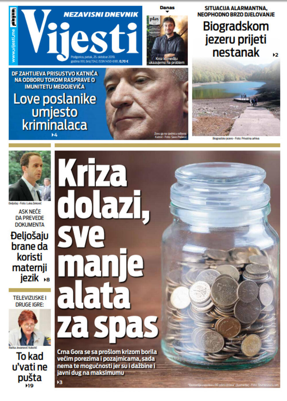 Naslovnica "Vijesti" 25.10., Foto: Vijesti