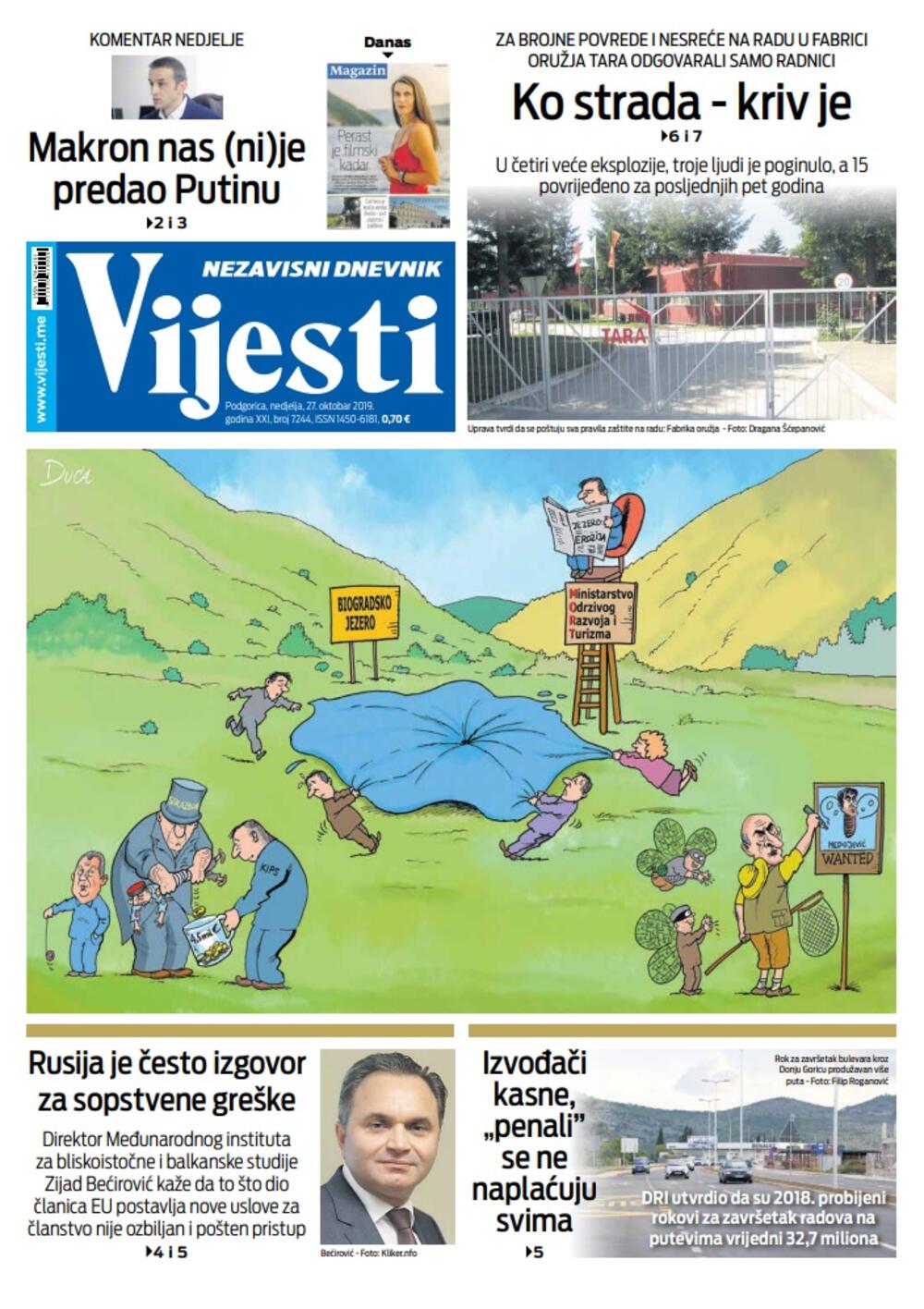 Naslovna strana "Vijesti" za 27. oktobar 2019.