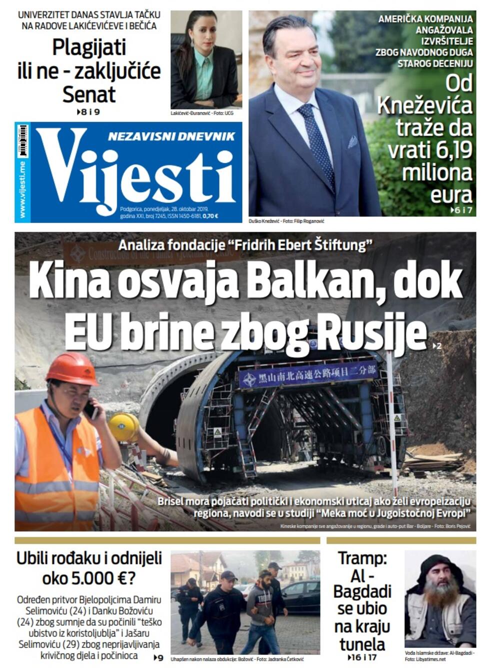 Naslovna strana "Vijesti" za 28. oktobar 2019., Foto: "Vijesti"
