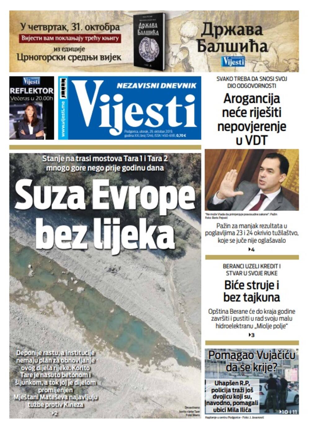Naslovna strana "Vijesti" za 29. oktobar 2019., Foto: Vijesti