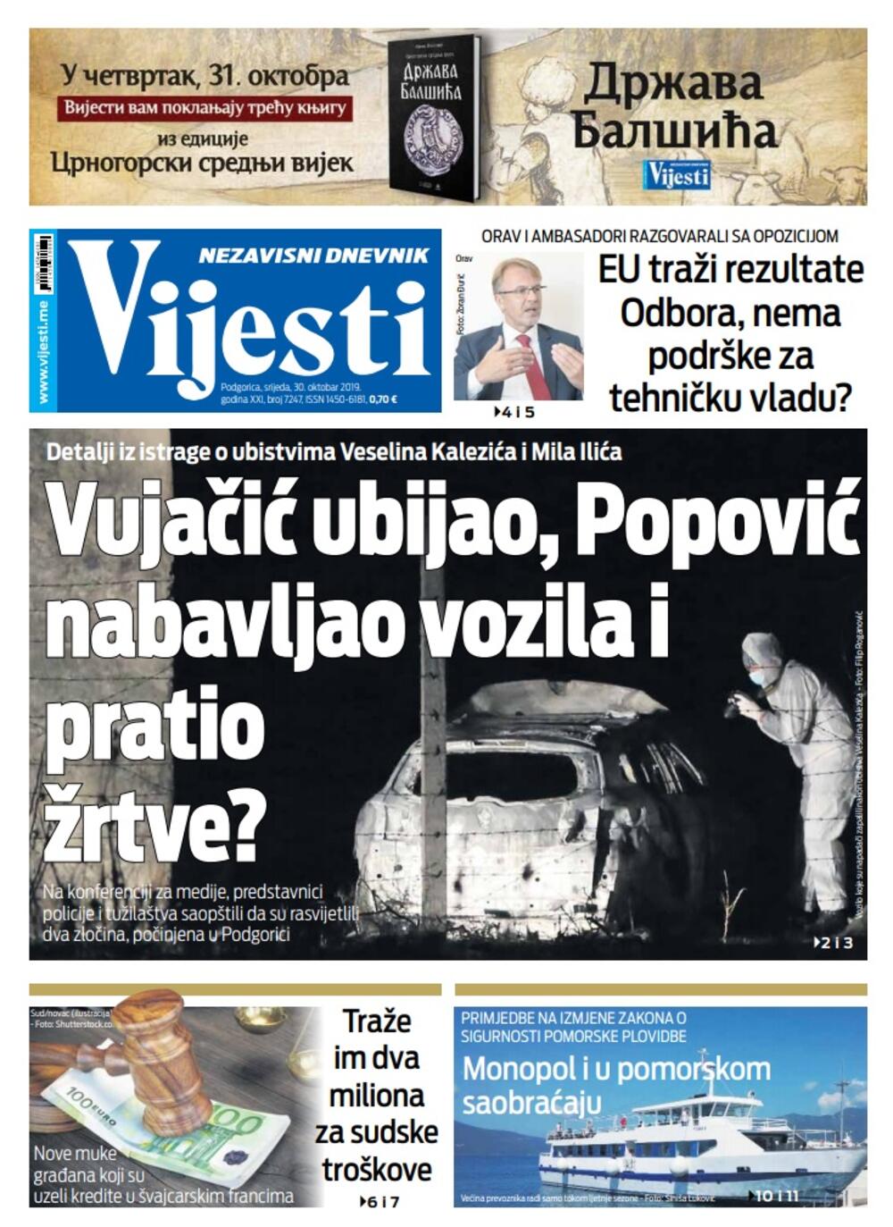 Naslovna strana "Vijesti" za 30. oktobar 2019., Foto: Vijesti