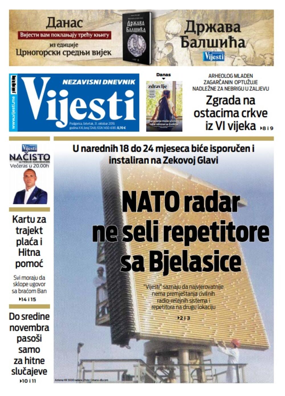 Naslovna strana "Vijesti" za 31. oktobar, Foto: Vijesti