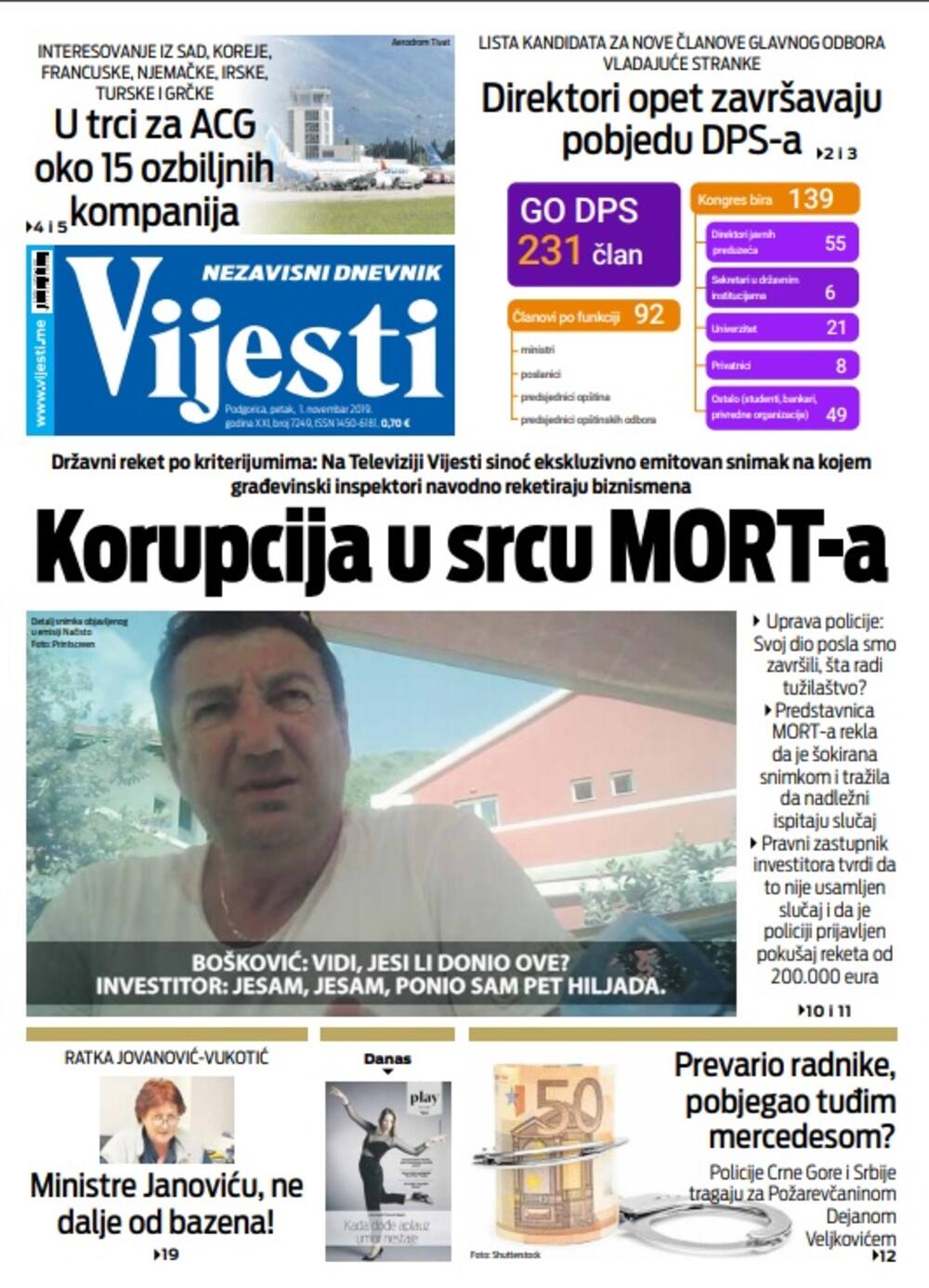 Naslovna strana "Vijesti" za 1. novembar 2019.