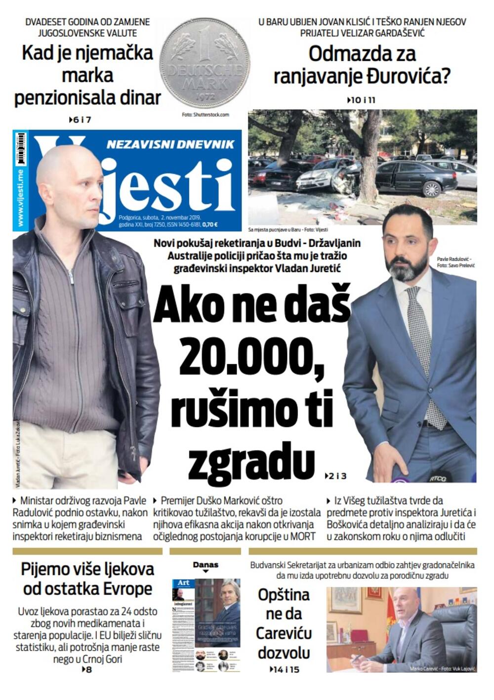 Naslovna strana "Vijesti" za 2. novembar 2019.