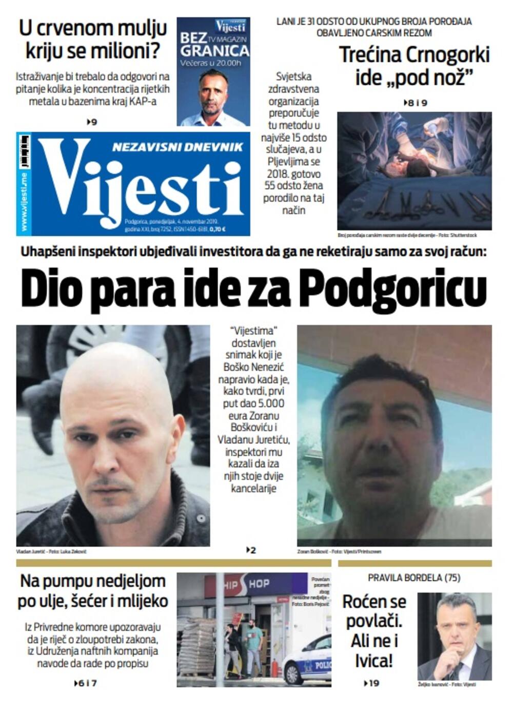 Naslovna strana "Vijesti" za 4. novembar 2019., Foto: Vijesti