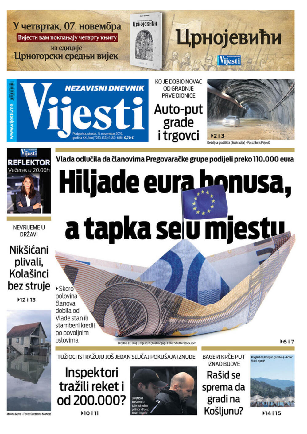 Naslovna strana "Vijesti" za 5. novembar 2019.