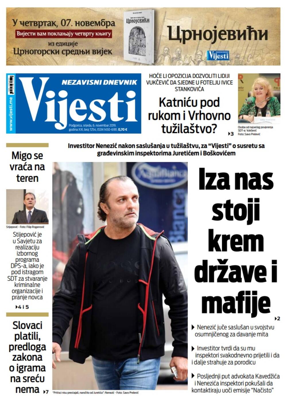 Naslovna strana "Vijesti" za 6. novembar 2019., Foto: "Vijesti"