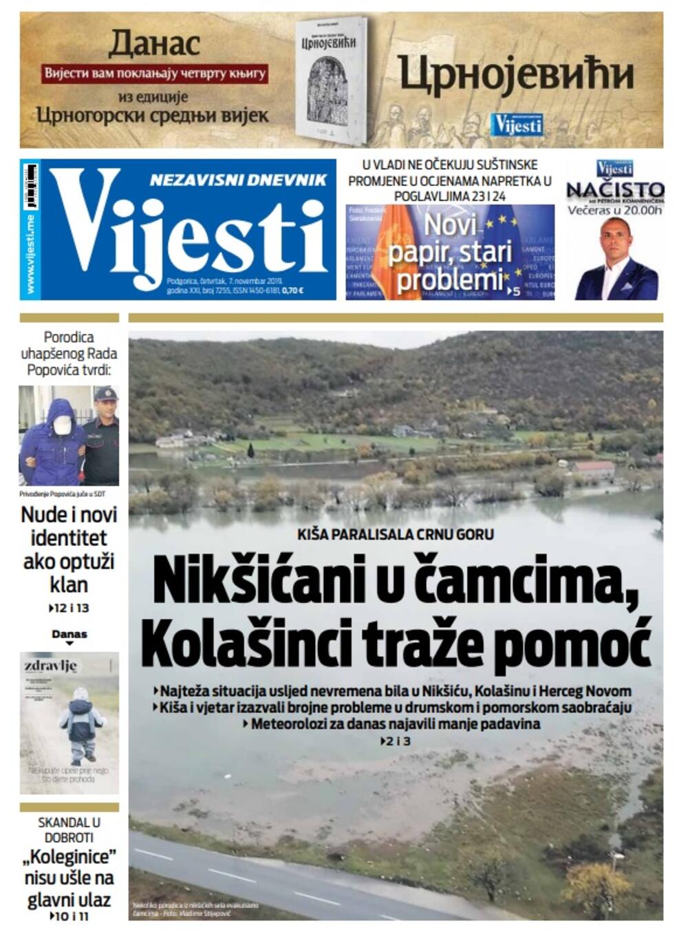 Naslovna strana "Vijesti" za 7. novembar 2019., Foto: "Vijesti"