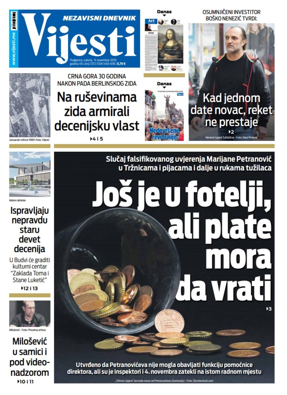 Naslovna strana "Vijesti" za 9. novembar 2019., Foto: Vijesti