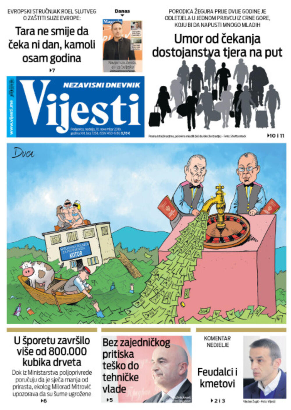 Naslovna strana "Vijesti" za 10. novembar 2019.