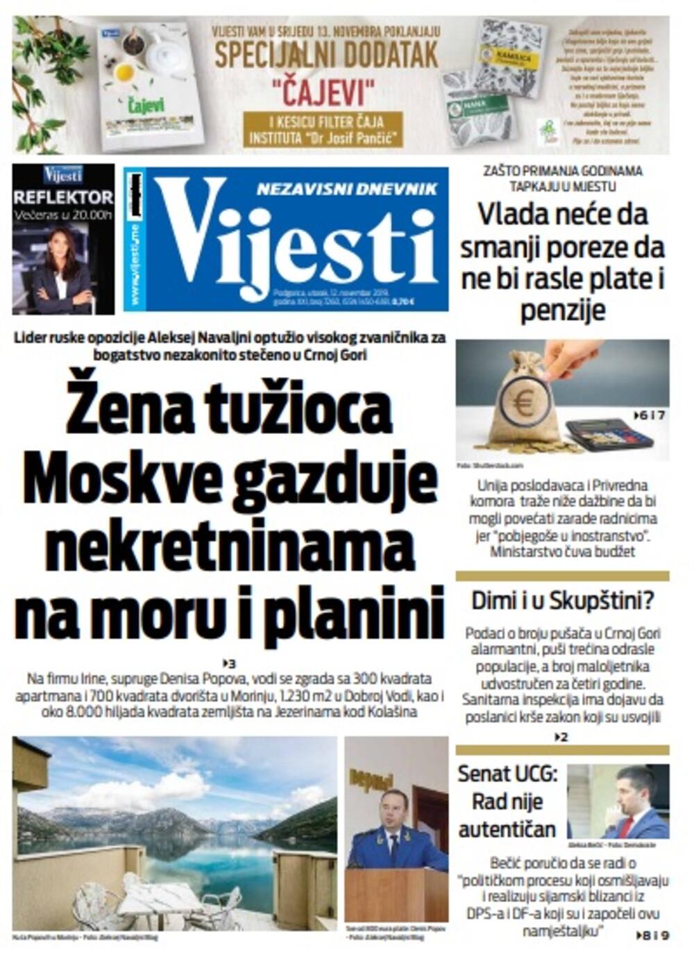 Naslovna strana "Vijesti" za 12. novembar 2019., Foto: "Vijesti"