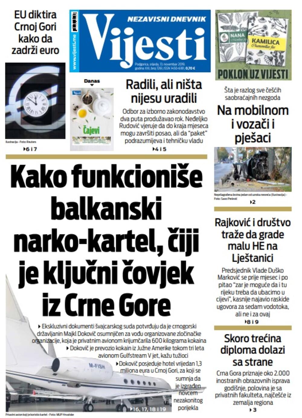 Naslovna strana "Vijesti" za 13. novembar 2019.