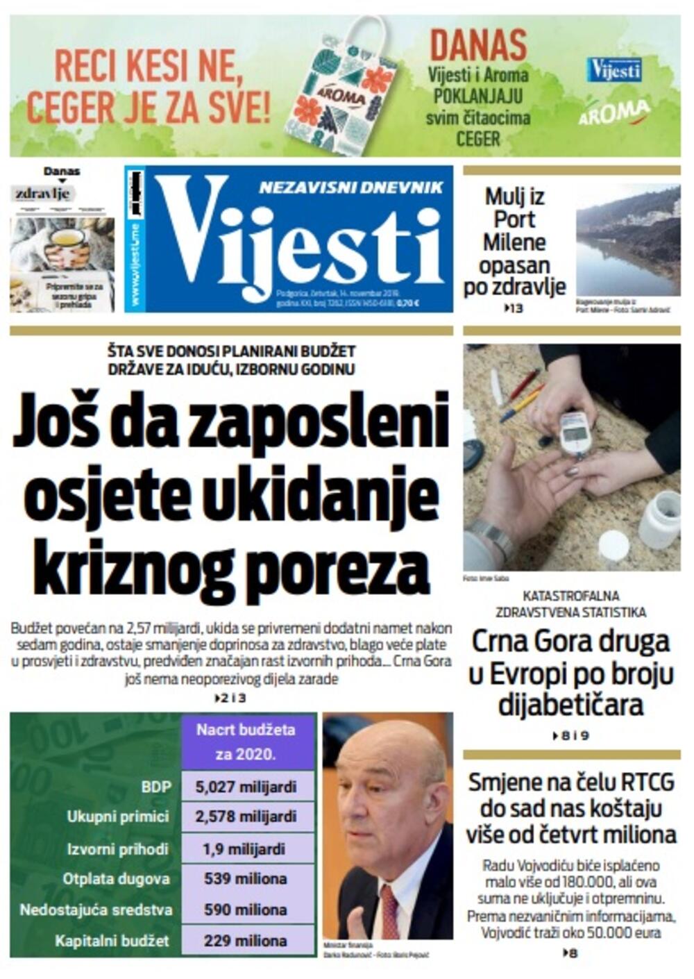 Naslovna strana "Vijesti" za 14. novembar 2019., Foto: "Vijesti"
