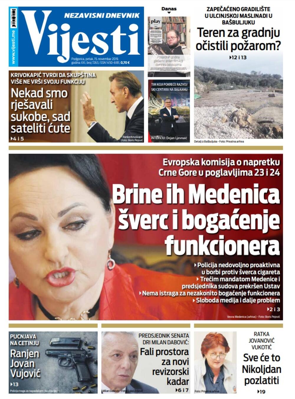 Naslovna strana "Vijesti" za 15. novembar, Foto: Vijesti