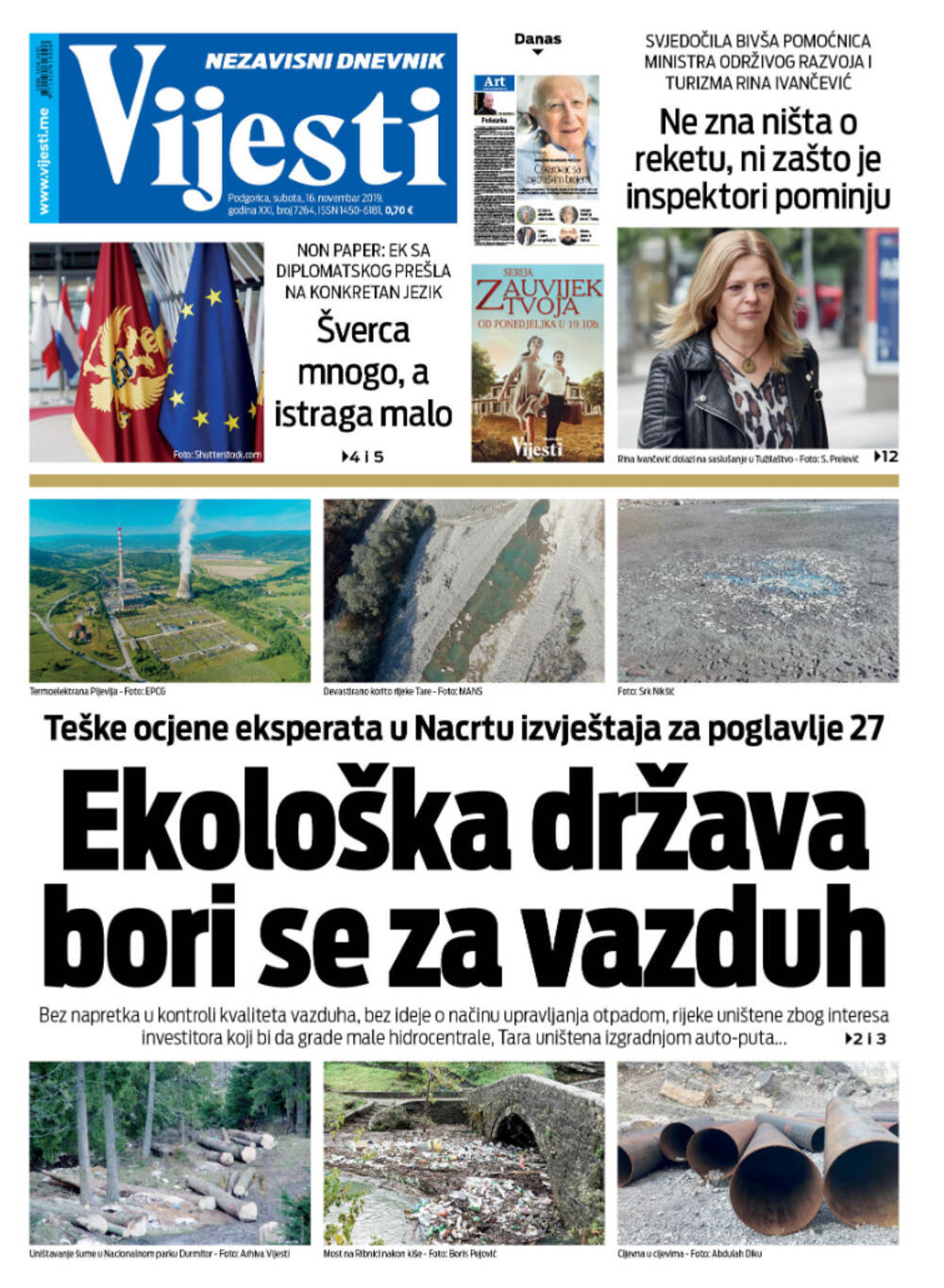Naslovna strana "Vijesti" za 16. novembar 2019.