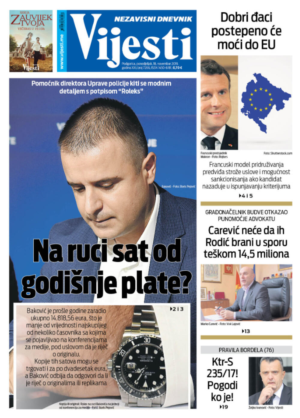Naslovna strana "Vijesti" za 18. novembar 2019.