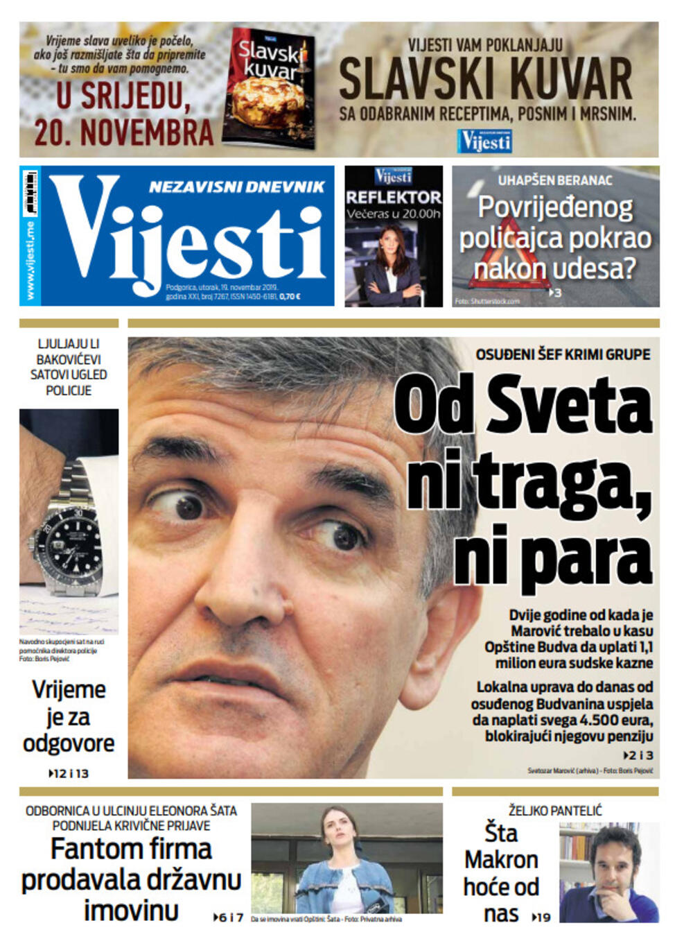 Naslovna strana "Vijesti" 19.11., Foto: Vijesti
