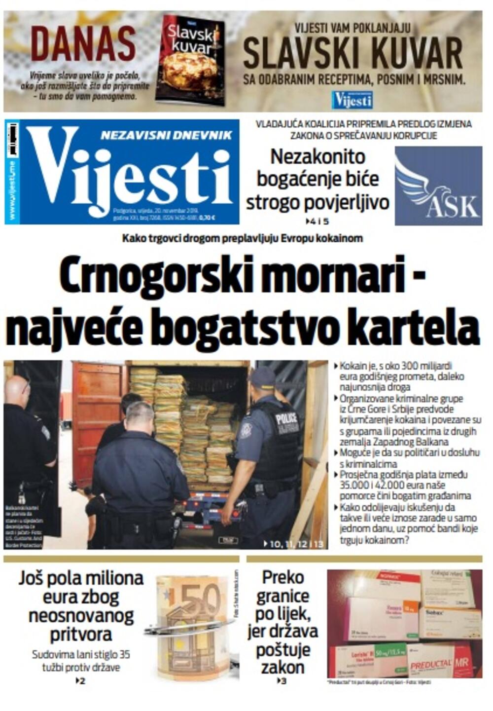 Naslovna strana "Vijesti" za 20. novembar 2019. godine