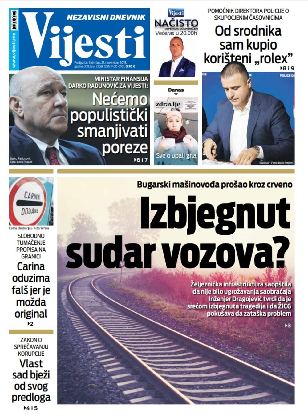 Naslovna strana "Vijesti" za 21. novembar 2019., Foto: Vijesti