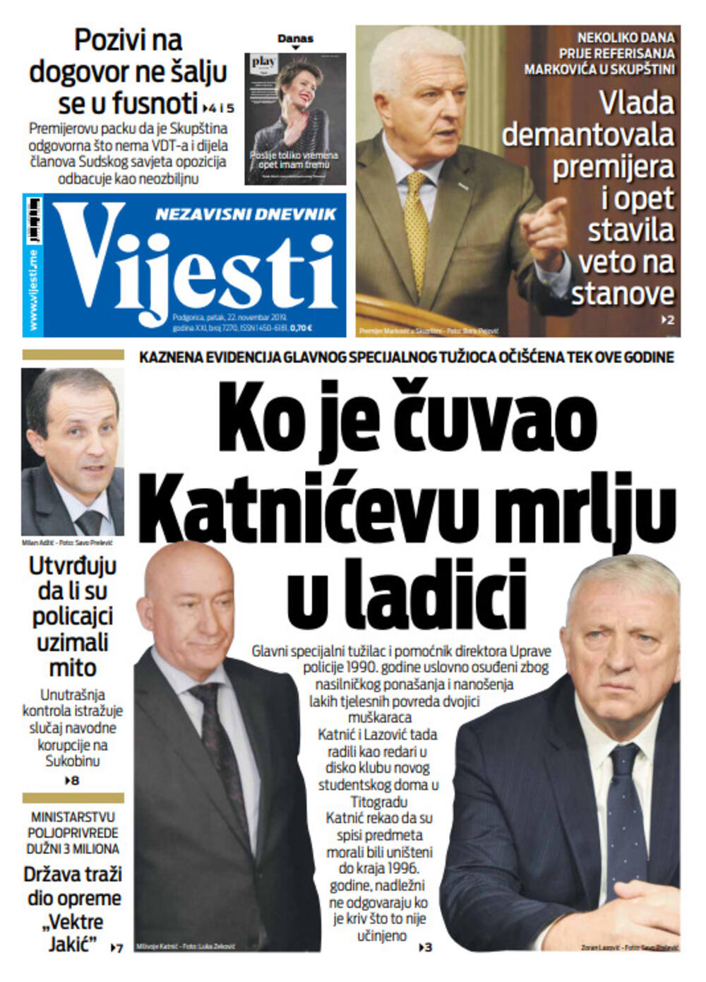 Naslovna strana za 22. novembar, Foto: Vijesti