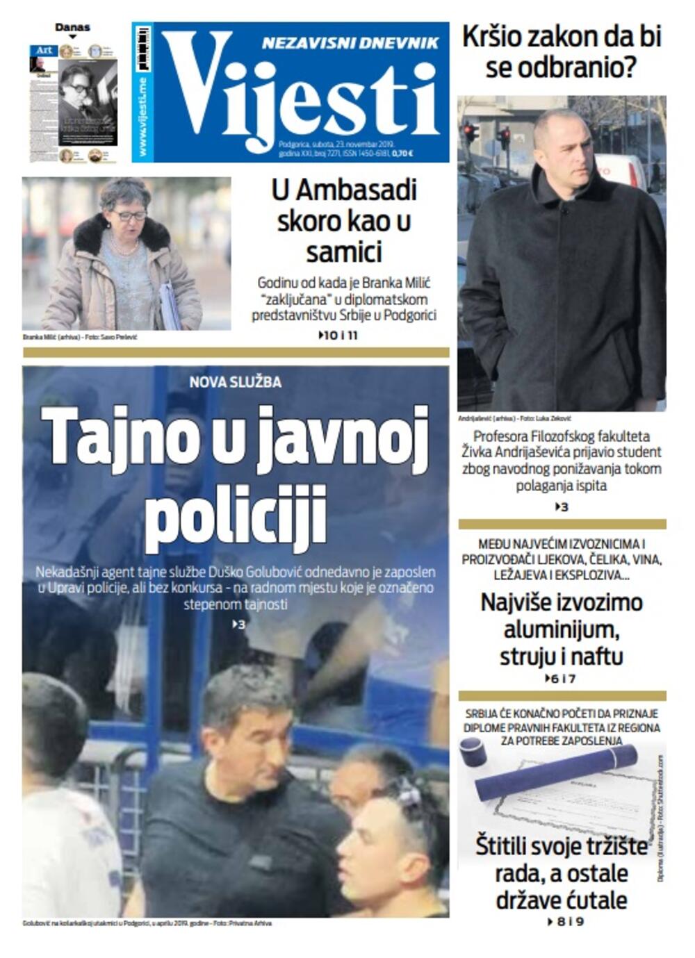 Naslovna strana "Vijesti" za 23. novembar, Foto: Vijesti
