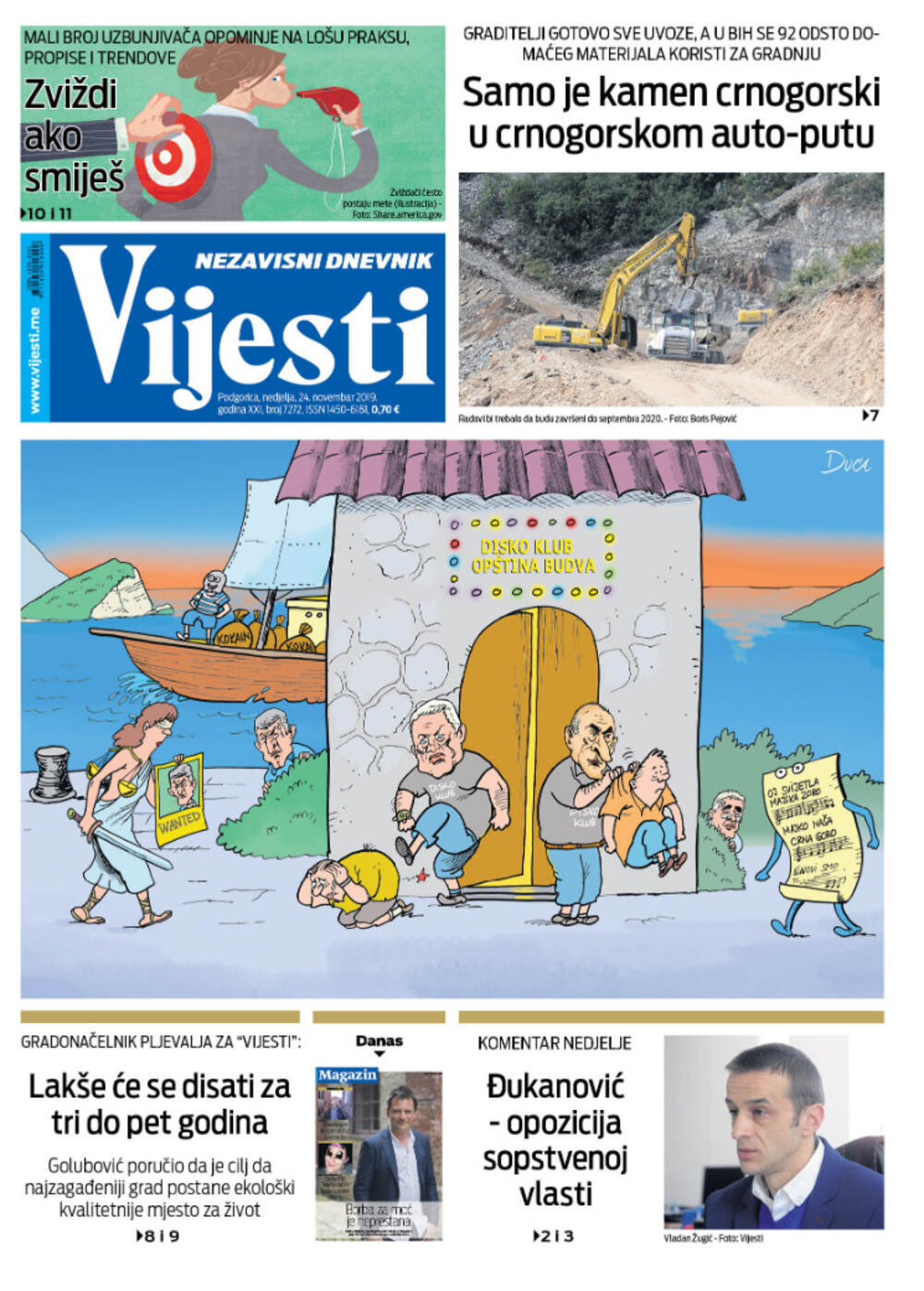 Naslovna strana "Vijesti", 24. novembar 2019.