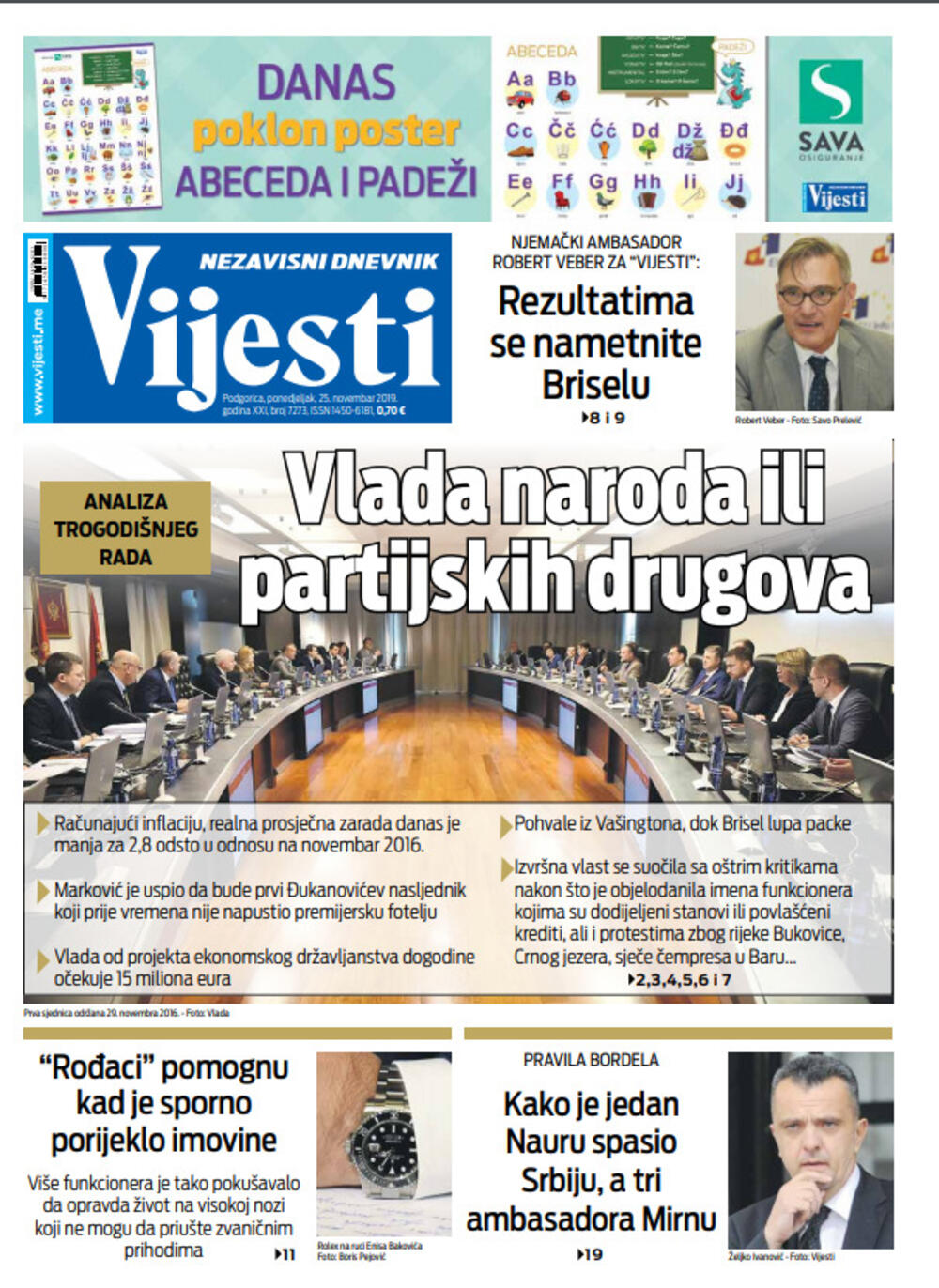 Naslovna strana "Vijesti" 25.11., Foto: Vijesti