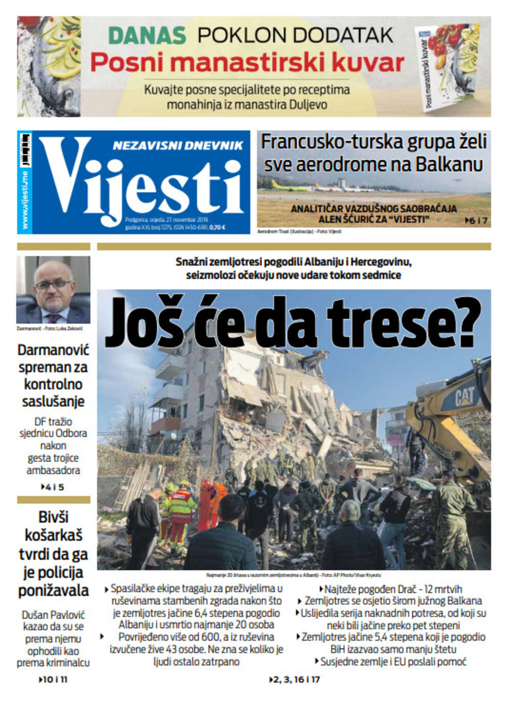 Naslovna strana "Vijesti" za 27. novembar