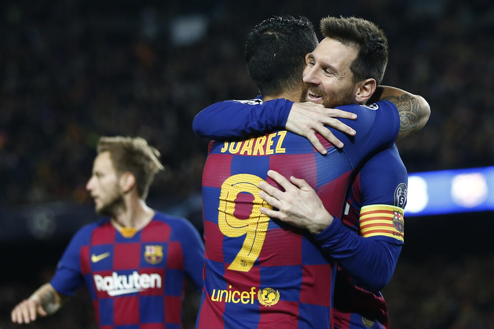 Luis Suares i Lionel Mesi slave na utakmici sa Borusijom, Foto: Beta/AP