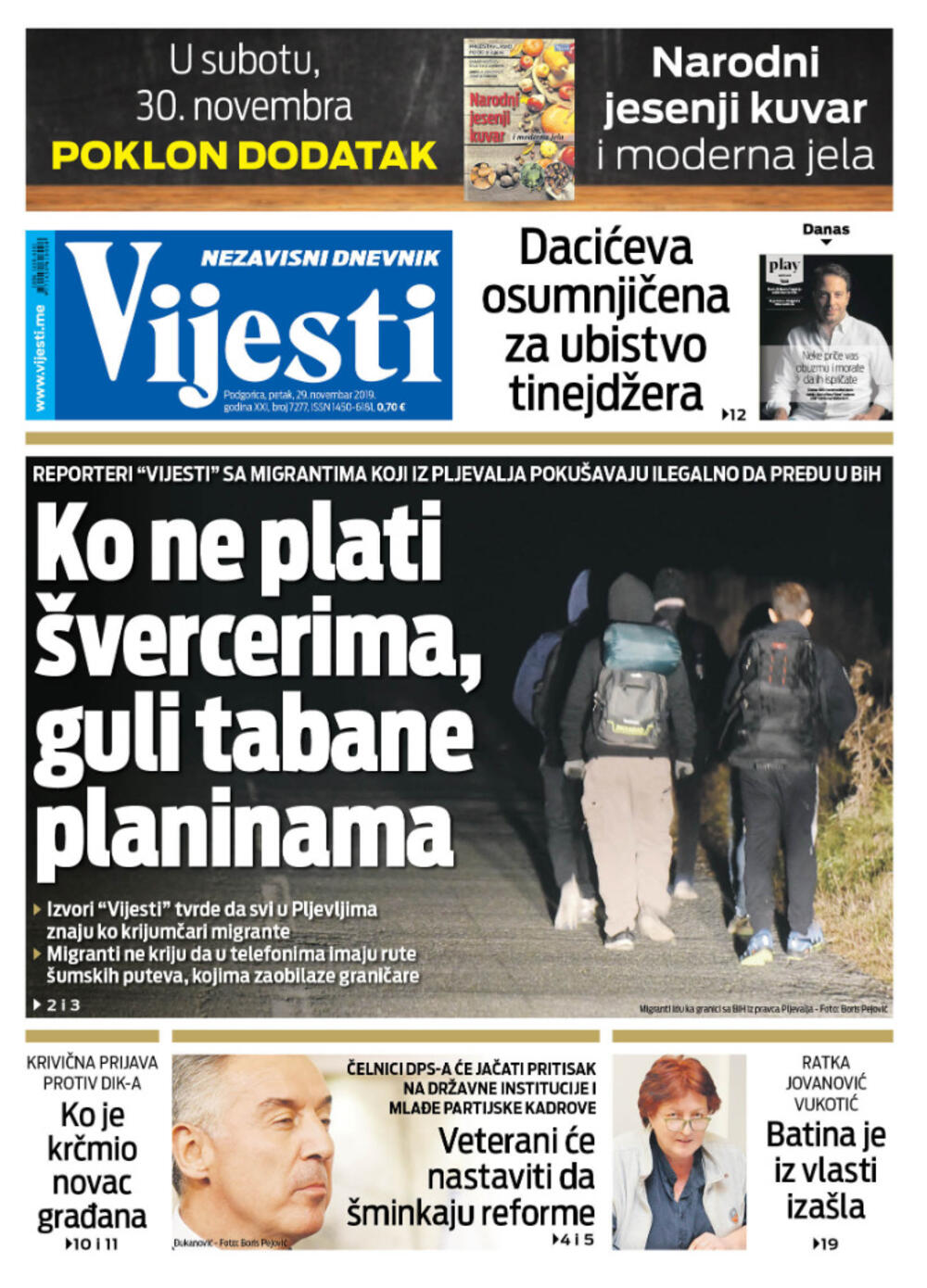 Naslovna strana "Vijesti" za 29. novembar 2019.