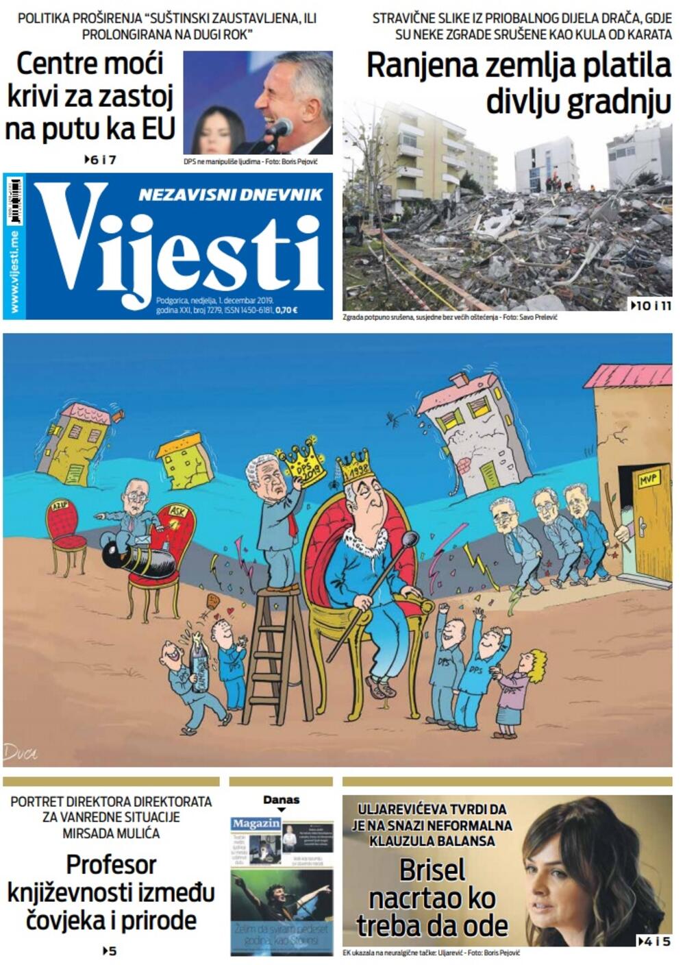 Naslovna strana "Vijesti" za 1. decembar 2019. godine, Foto: "Vijesti"