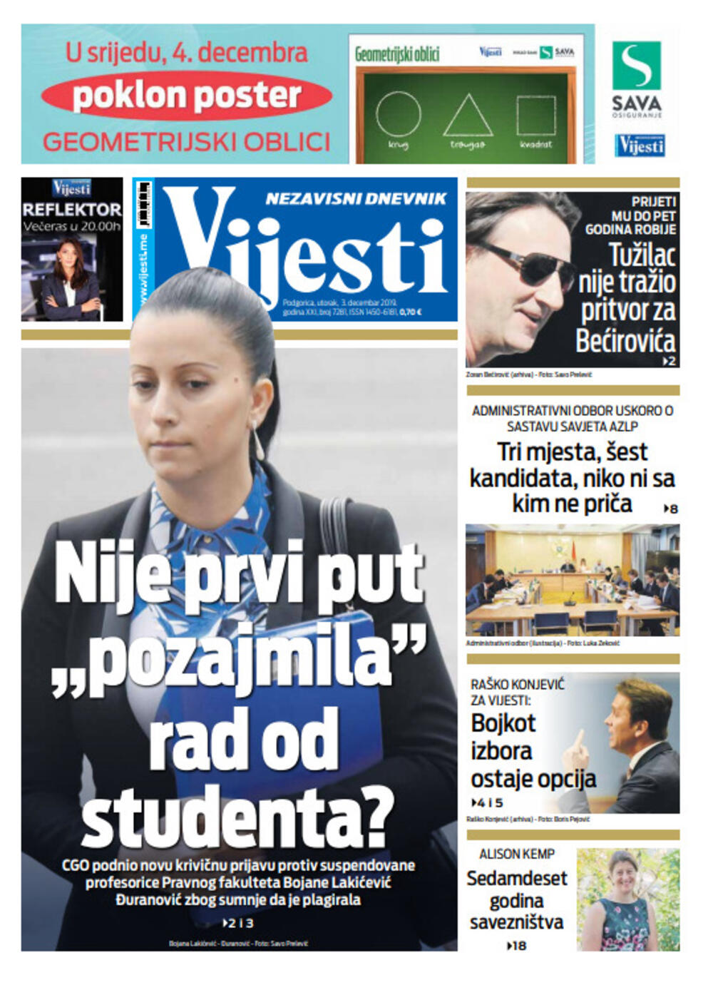 Naslovna strana "Vijesti", Foto: Vijesti