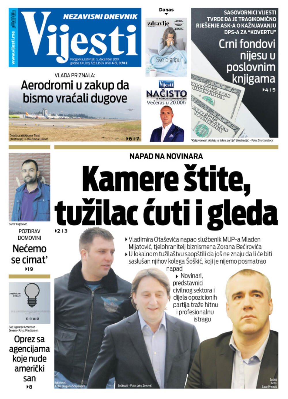 Naslovna strana "Vijesti" za 5. decembar 2019. godine