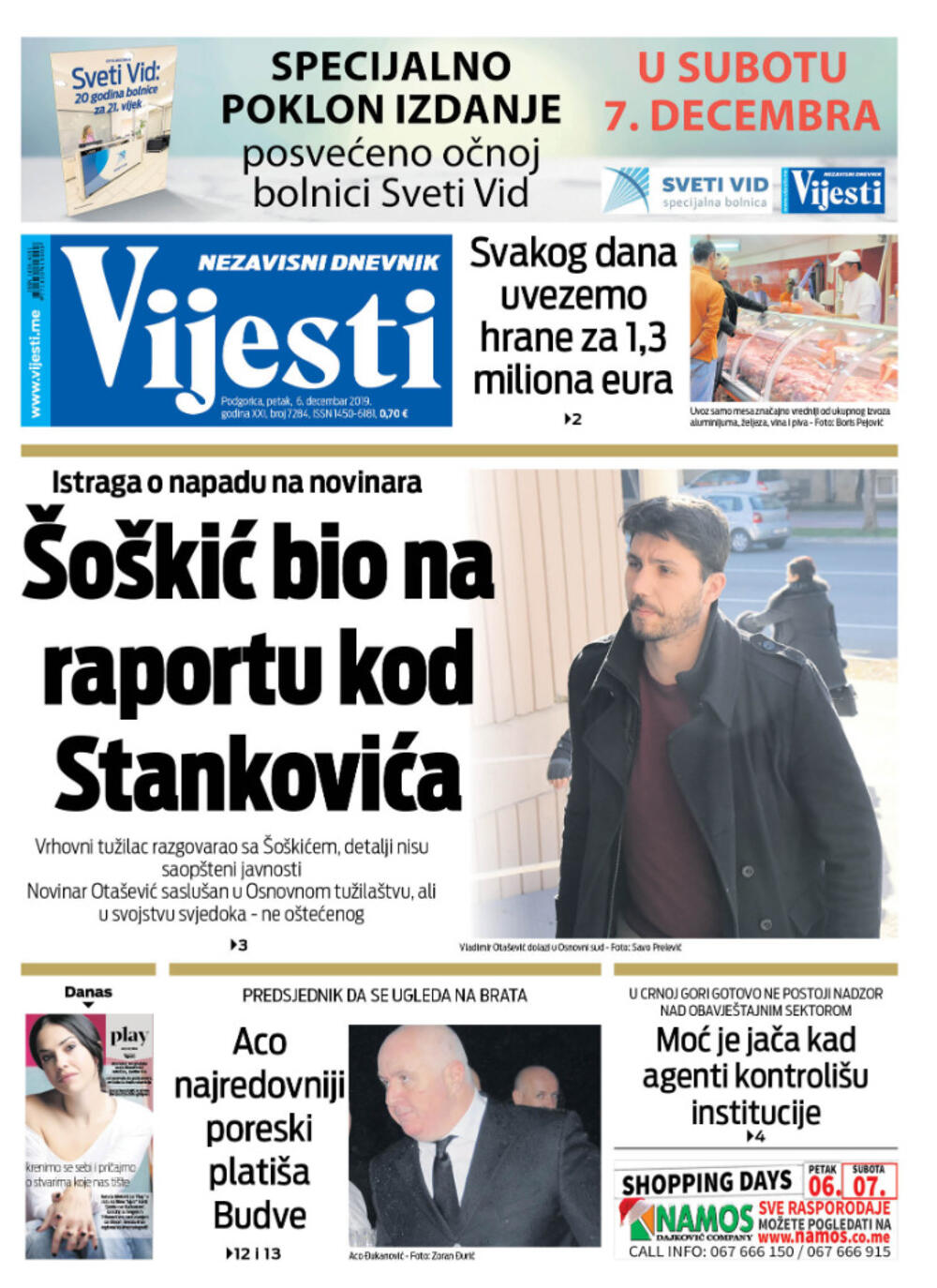 Naslovna strana "Vijesti" za 6. decembar 2019.