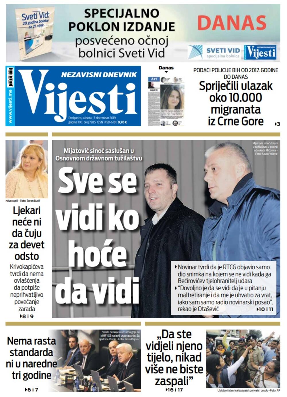 Naslovna strana "Vijesti" za 7. decembar 2019. godine, Foto: "Vijesti"