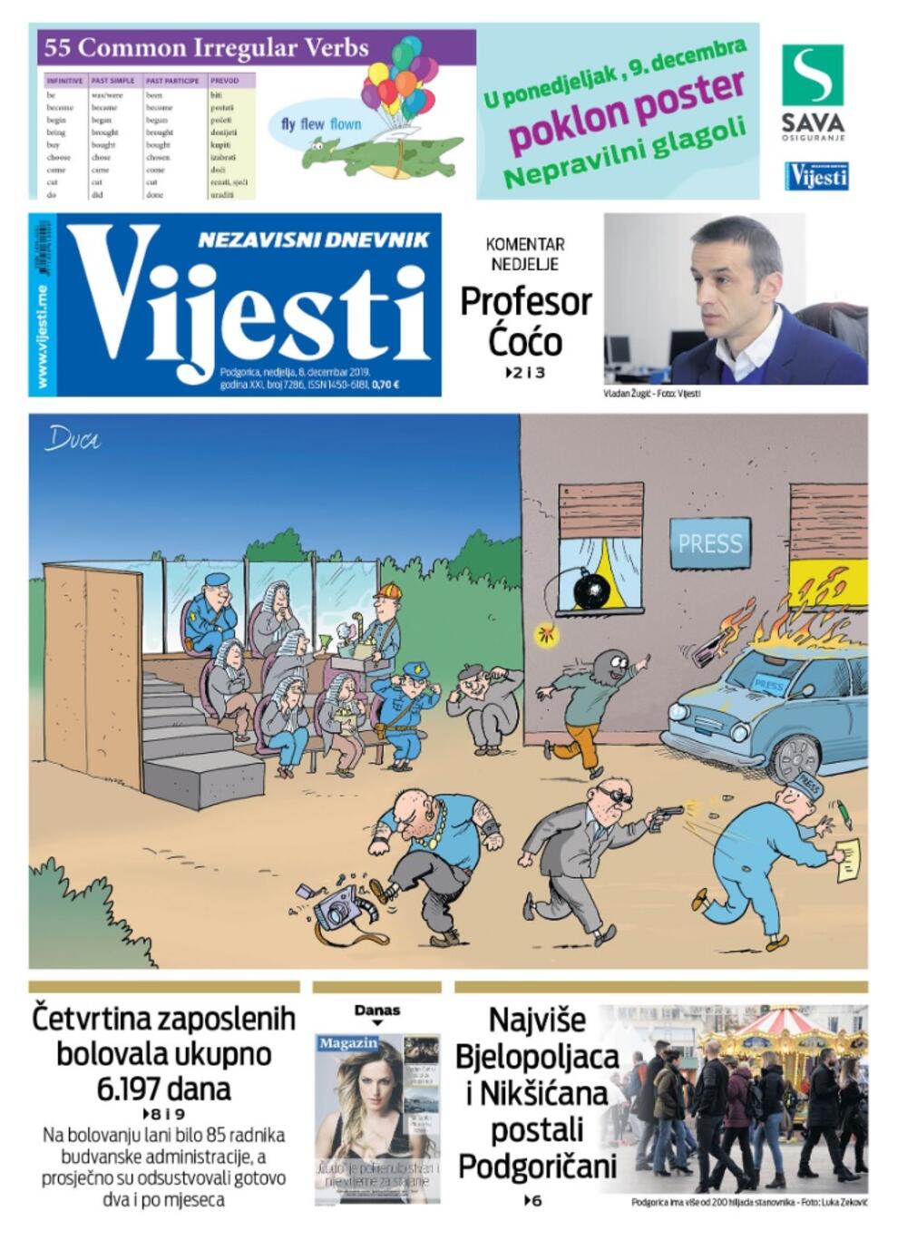 Naslovna strana "Vijesti" za 8. decembar