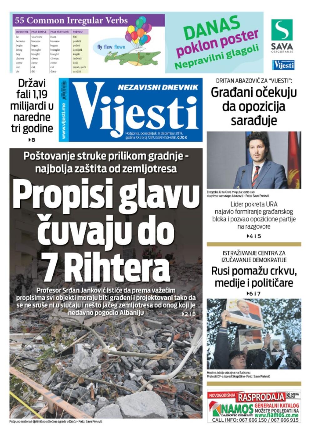 Naslovna strana "Vijesti" za 9. decembar