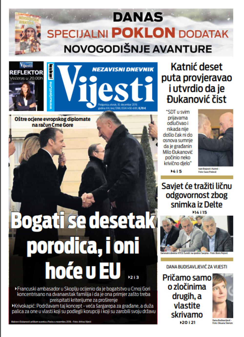 Naslovna strana "Vijesti" za 10. decembar, Foto: "Vijesti"