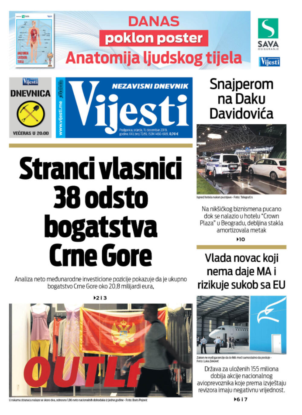 Naslovna strana "Vijesti" za 11. decembar 2019.