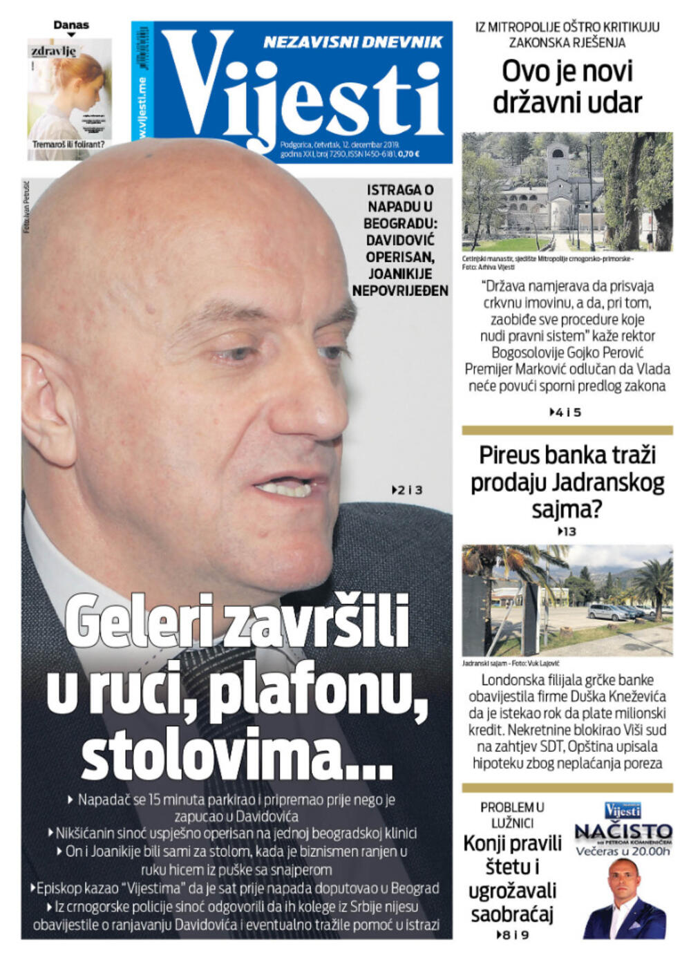 Naslovna strana "Vijesti" za 12. decembar 2019.