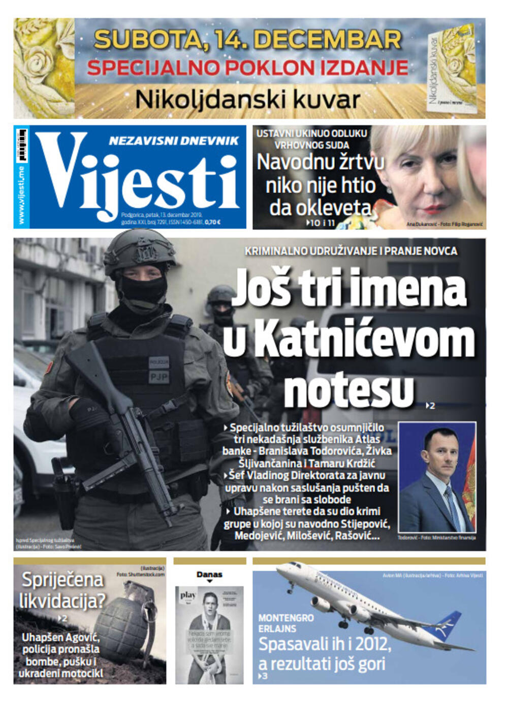 Naslovna strana "Vijesti" 13.12., Foto: Vijesti