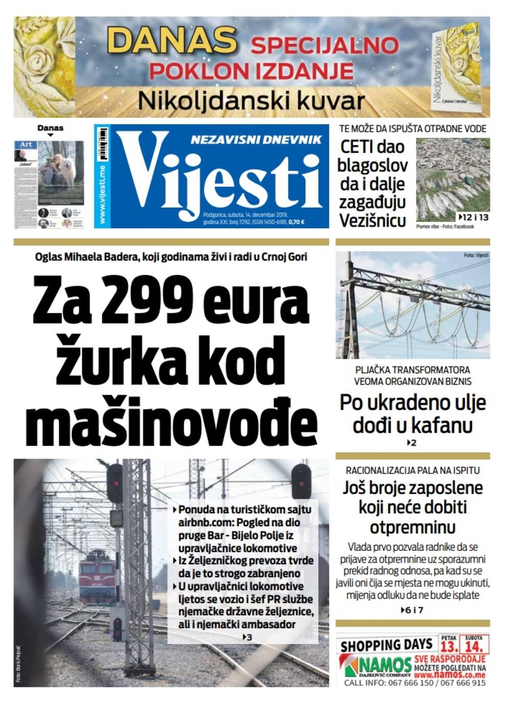 Naslovna strana "Vijesti" za 14. decembar 2019.