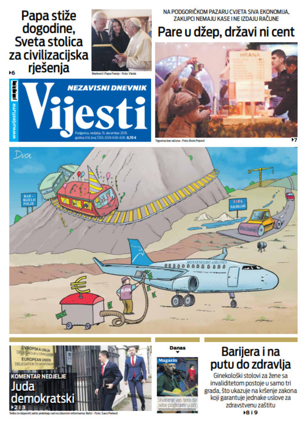 Naslovna strana "Vijesti" za 15. decembar, Foto: Vijesti